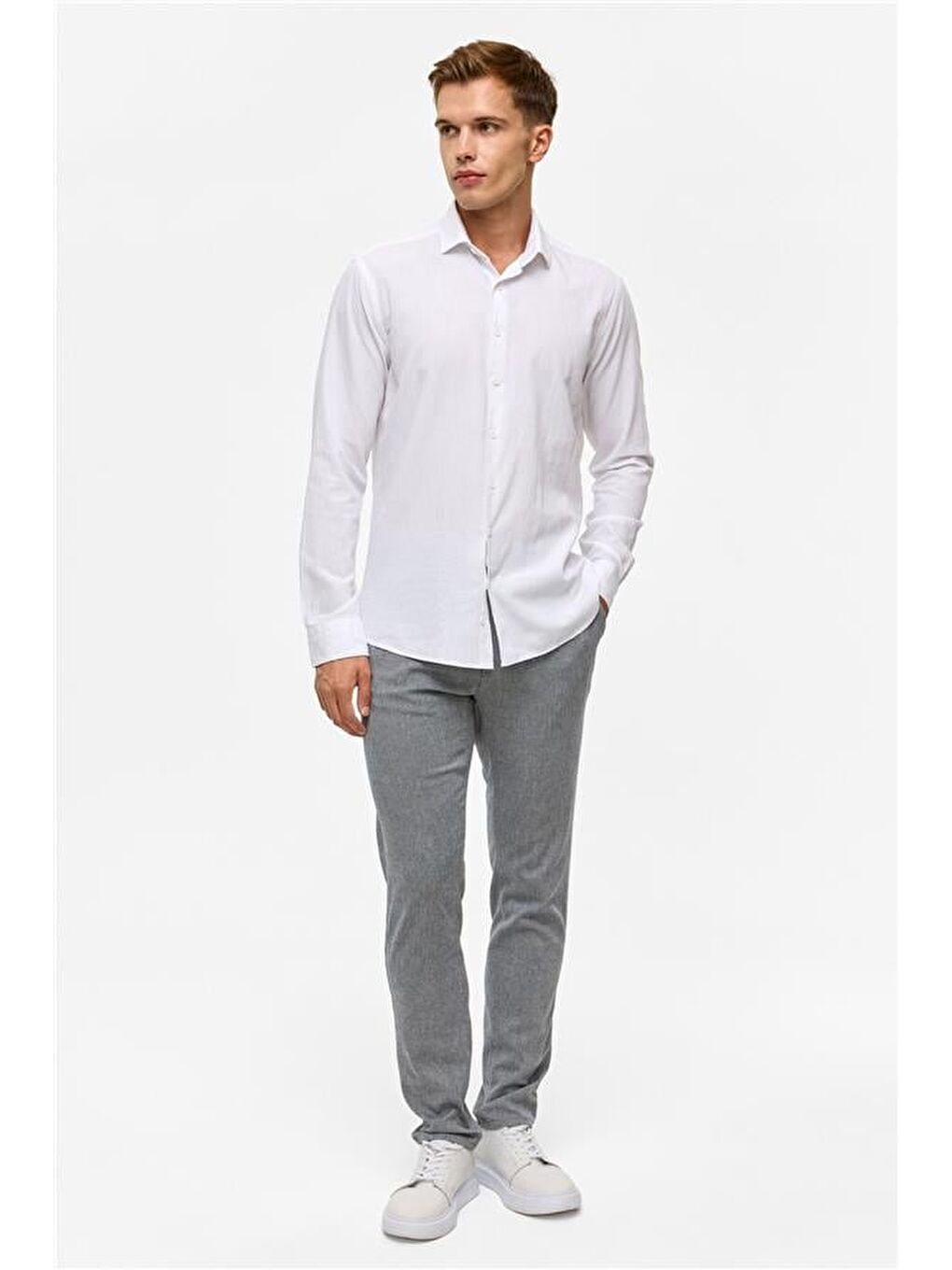 Beyaz Slim Düz Klasik Yaka Gömlek-3