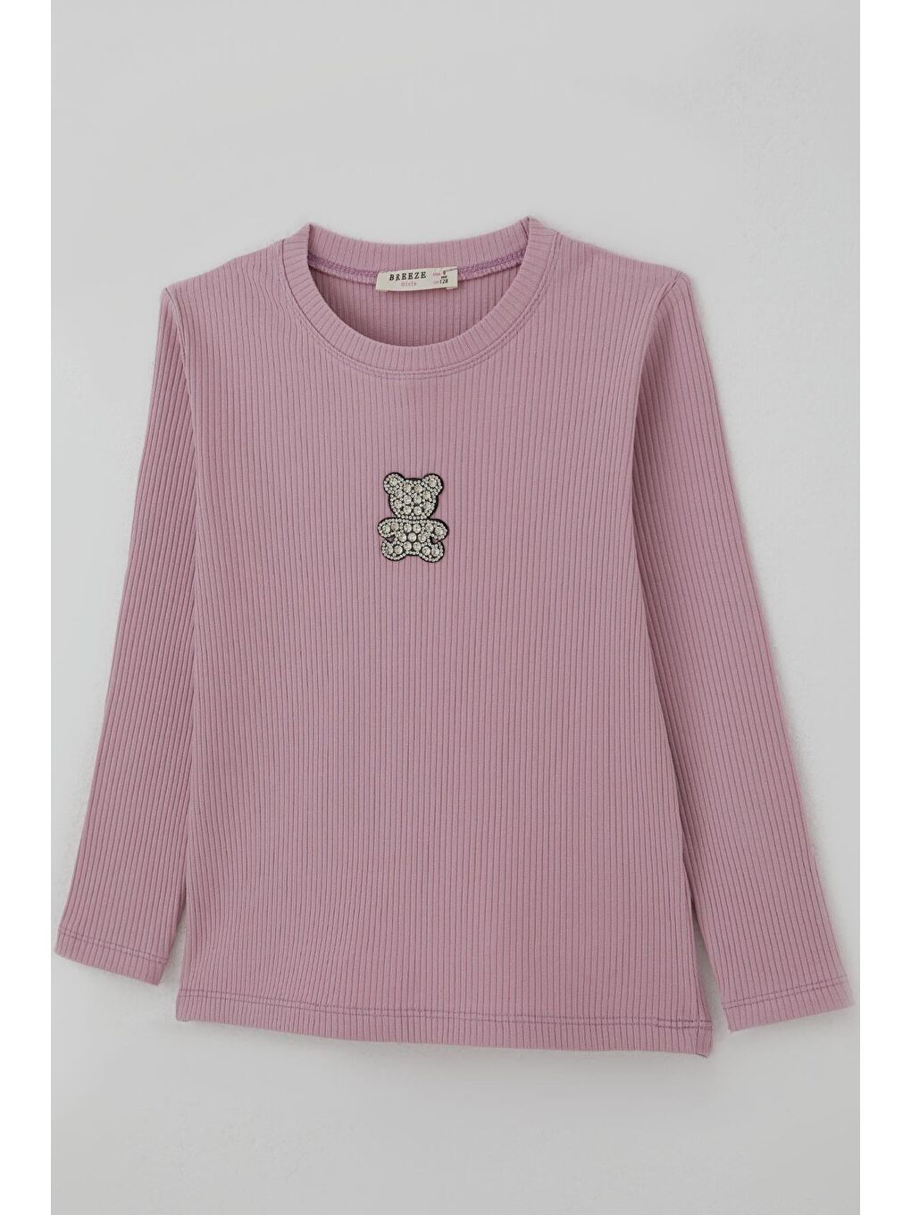 Pembe Kız Çocuk Uzun Kollu Tişört Taşlı Işıltılı Ayıcık Aplike Armalı Gülkurusu (5-10 Yaş)-2