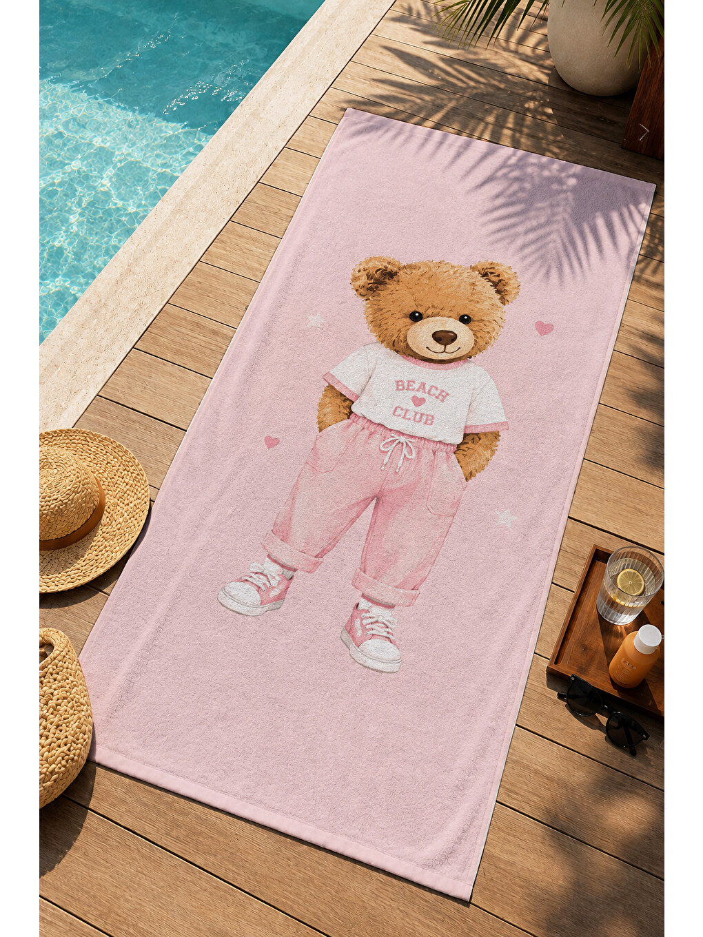 Sevimli Pembe Giyimli Ayıcık Desenli 70x150 Plaj Havlusu - Dijital Baskılı Solmaz Banyo Havlusu-3