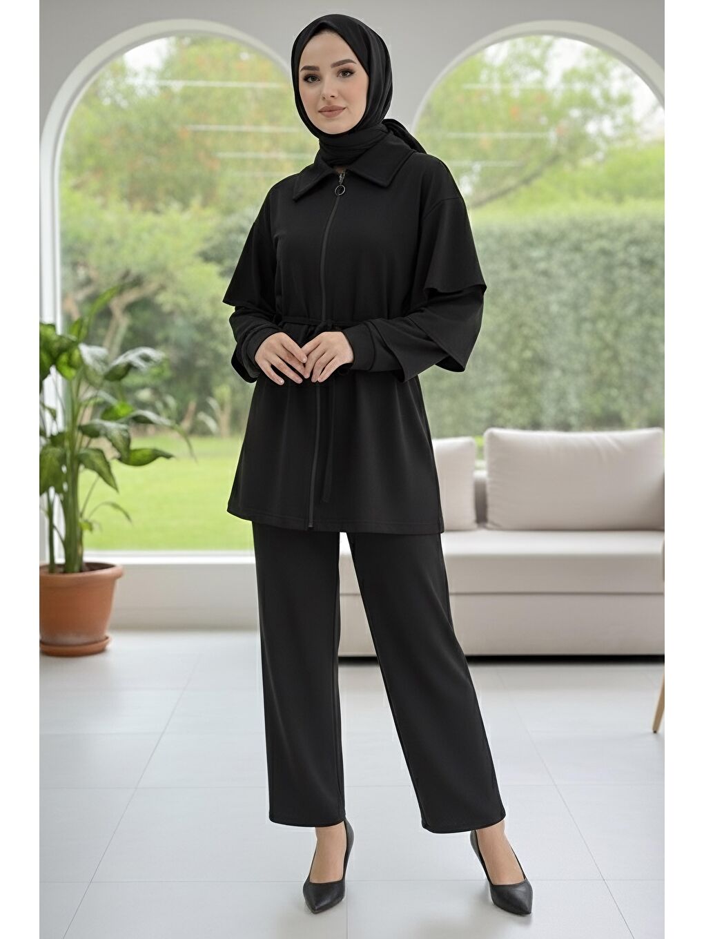 Kolları Fırfırlı Modal İkili Takım Siyah - 089-SIYAH-1