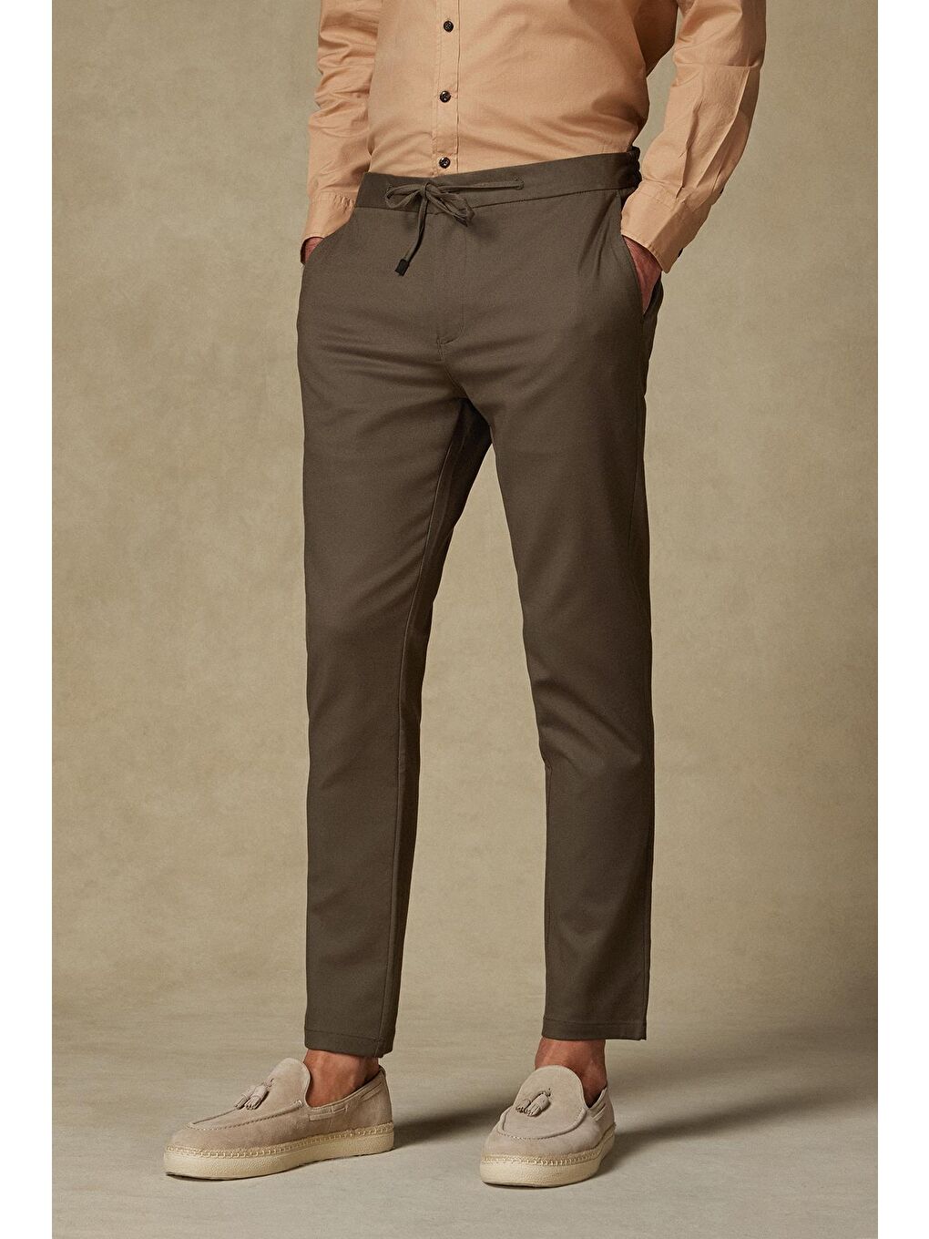 Soft Dokuma Pamuk Karışımlı Tailored Fit Haki Erkek Düz Pantolon-2