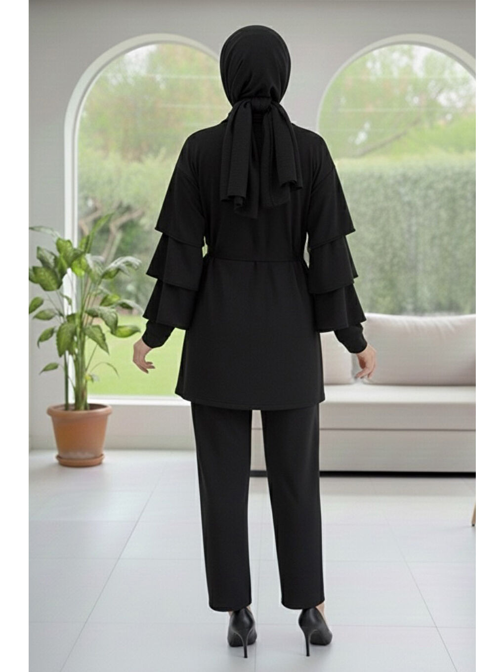Kolları Fırfırlı Modal İkili Takım Siyah - 089-SIYAH-2