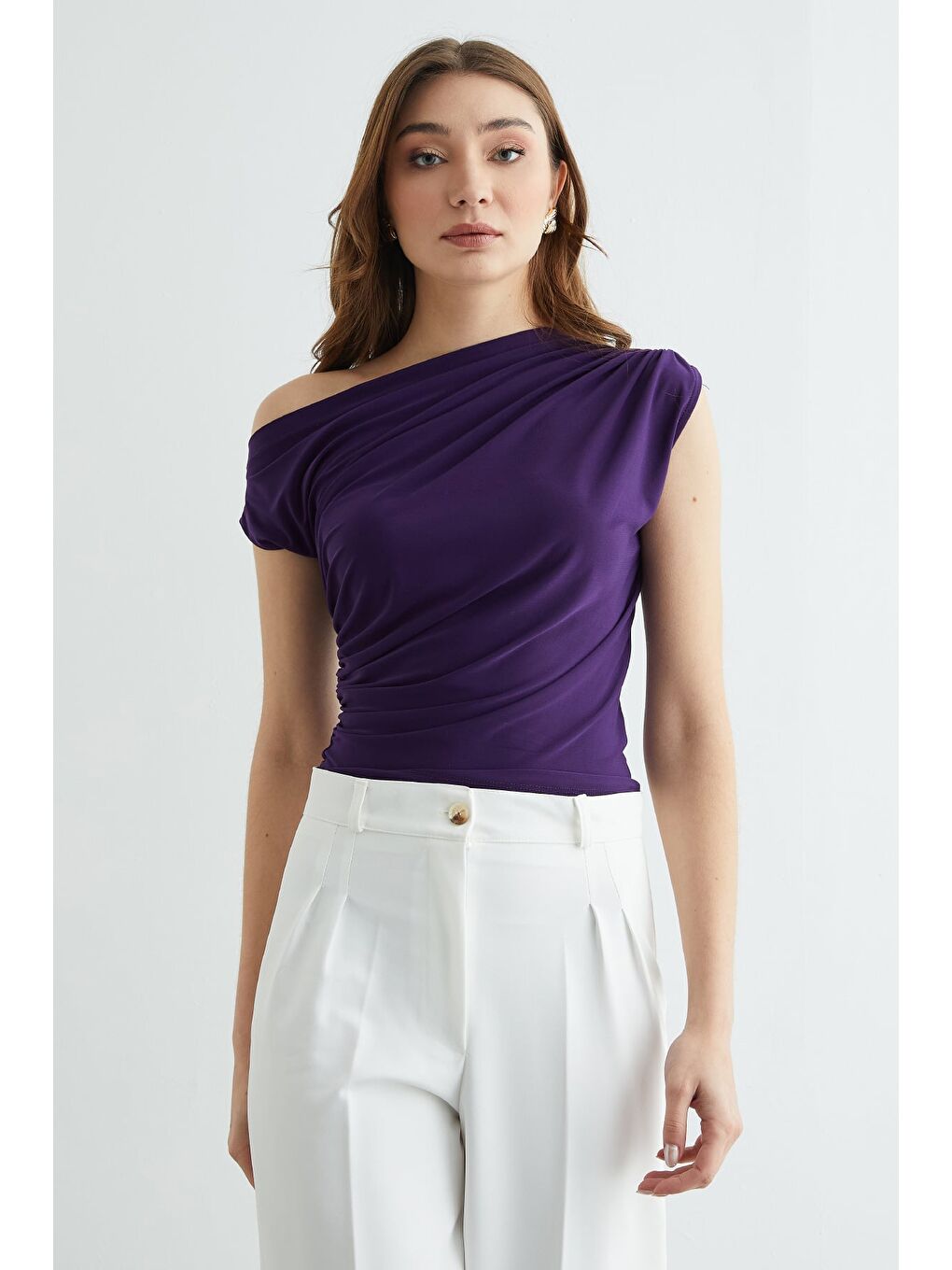 Mor Tek Omuz Yanları Büzgülü Bluz-2