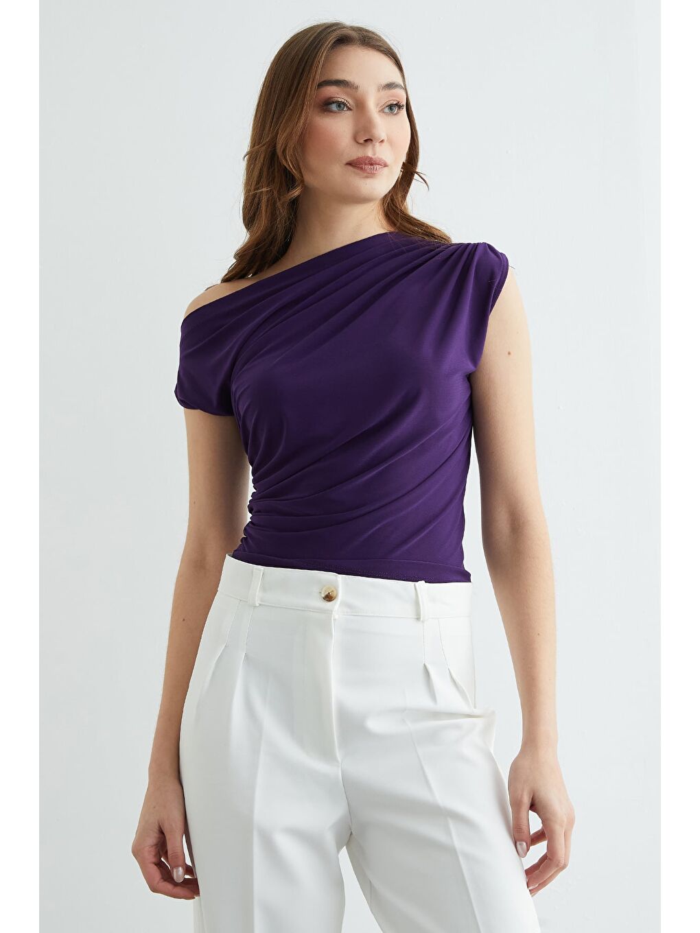 Mor Tek Omuz Yanları Büzgülü Bluz-3