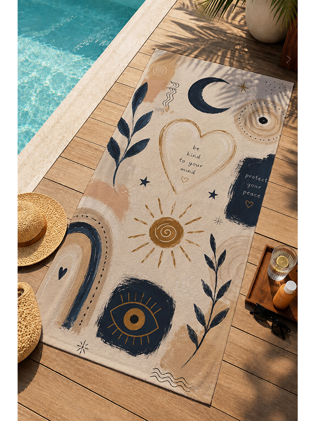 Lacivert Bohem Baykuş Güneş Ay Motifli Desenli 70x150 Plaj Havlusu - Dijital Baskılı Solmaz Banyo Havlusu-3
