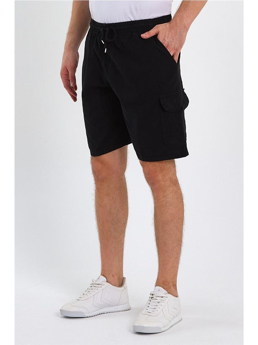 Erkek Siyah Kargo Cepli Regular Bağcıklı Keten Şort crepesrt01r02s