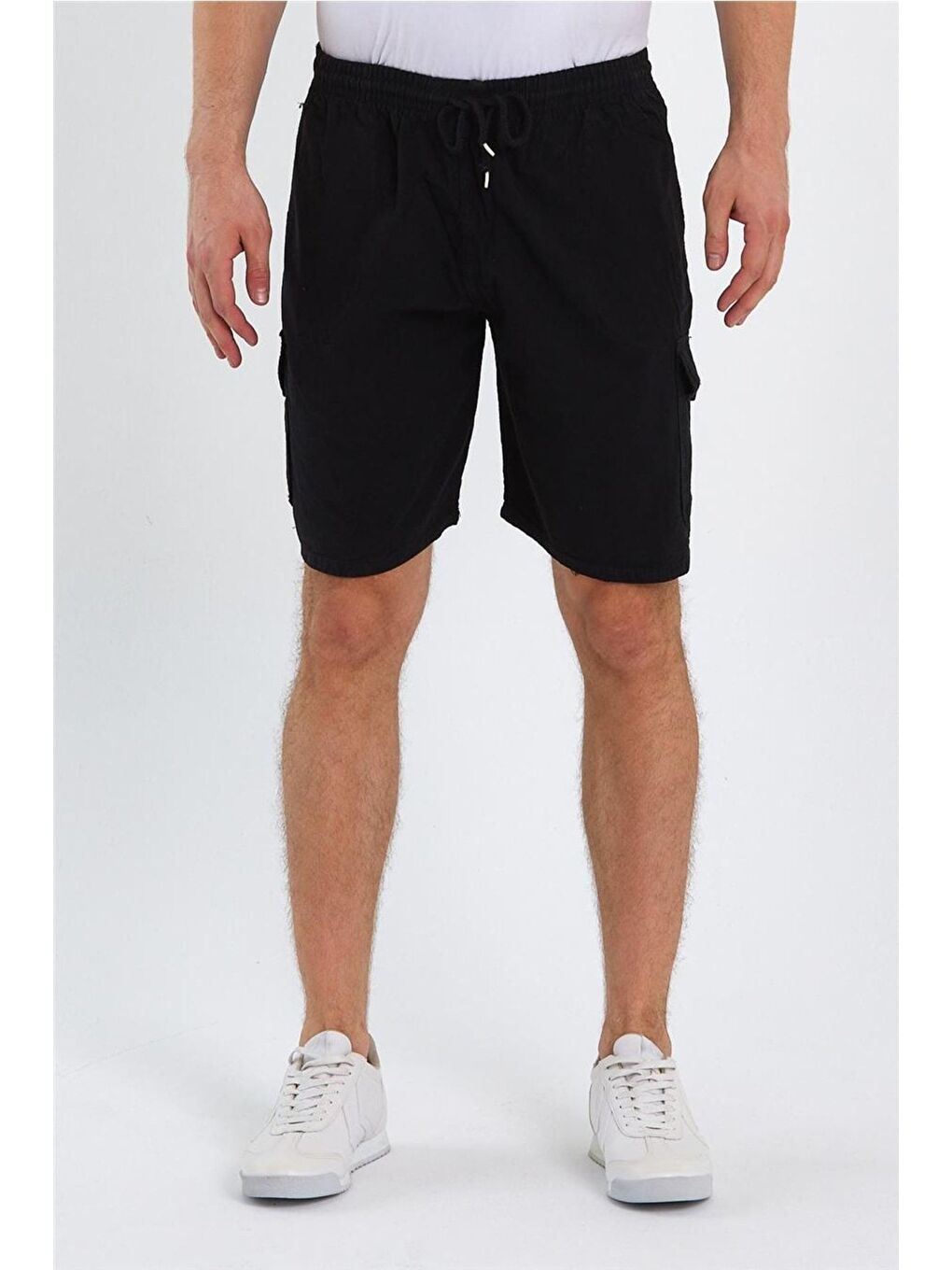 Erkek Siyah Kargo Cepli Regular Bağcıklı Keten Şort crepesrt01r02s-1