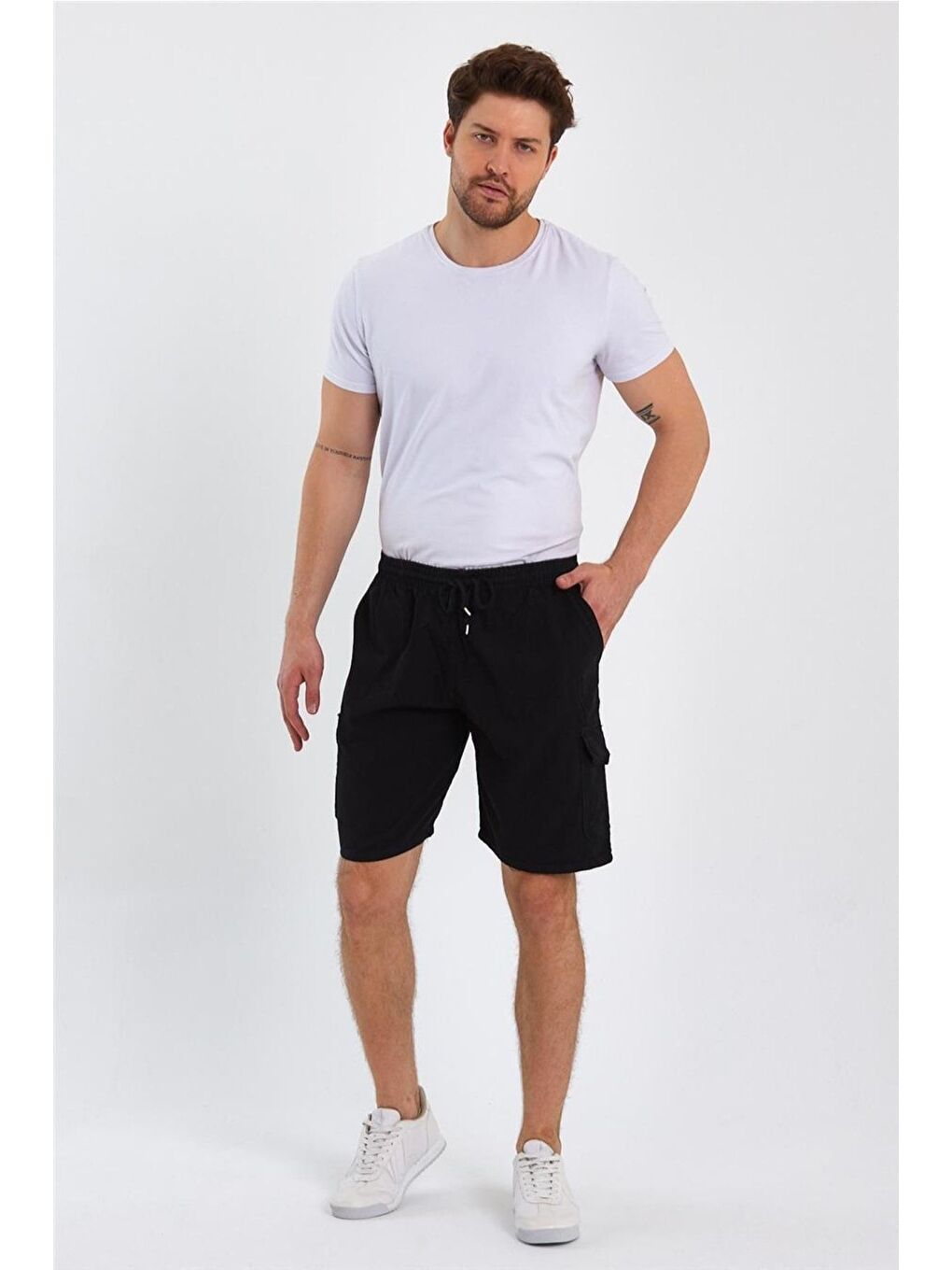 Erkek Siyah Kargo Cepli Regular Bağcıklı Keten Şort crepesrt01r02s-3