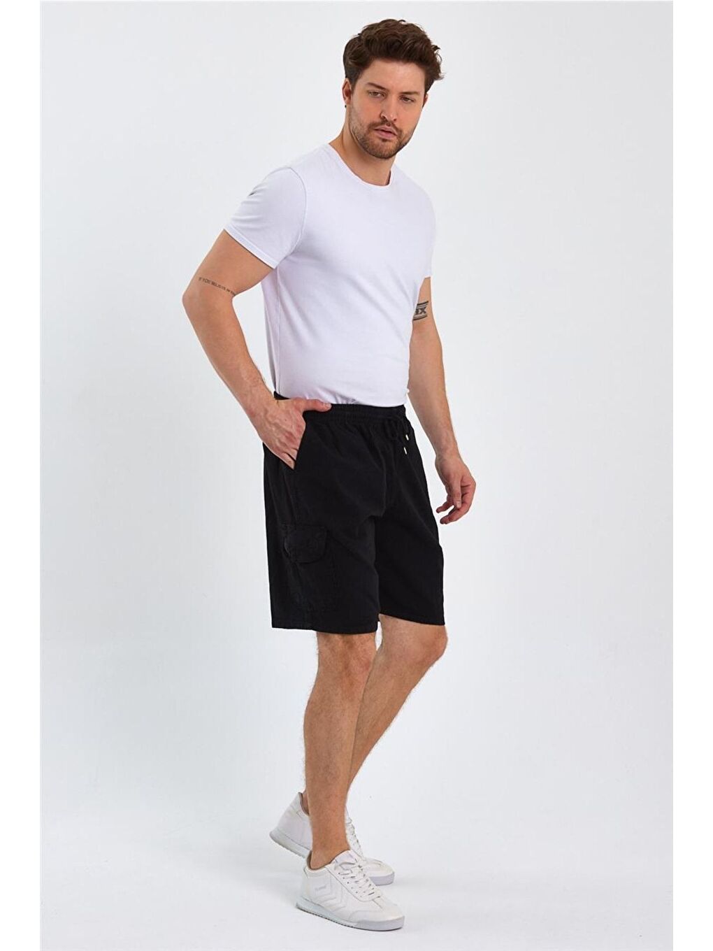 Erkek Siyah Kargo Cepli Regular Bağcıklı Keten Şort crepesrt01r02s-4