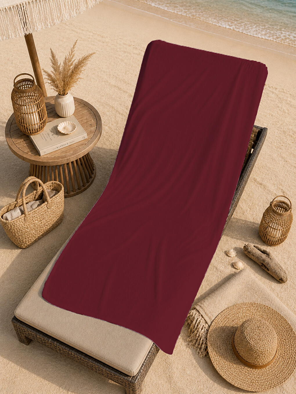 Minimal Düz Bordo Sade Tek Renkli Desenli 70x150 Plaj Havlusu - Dijital Baskılı Banyo Havlusu