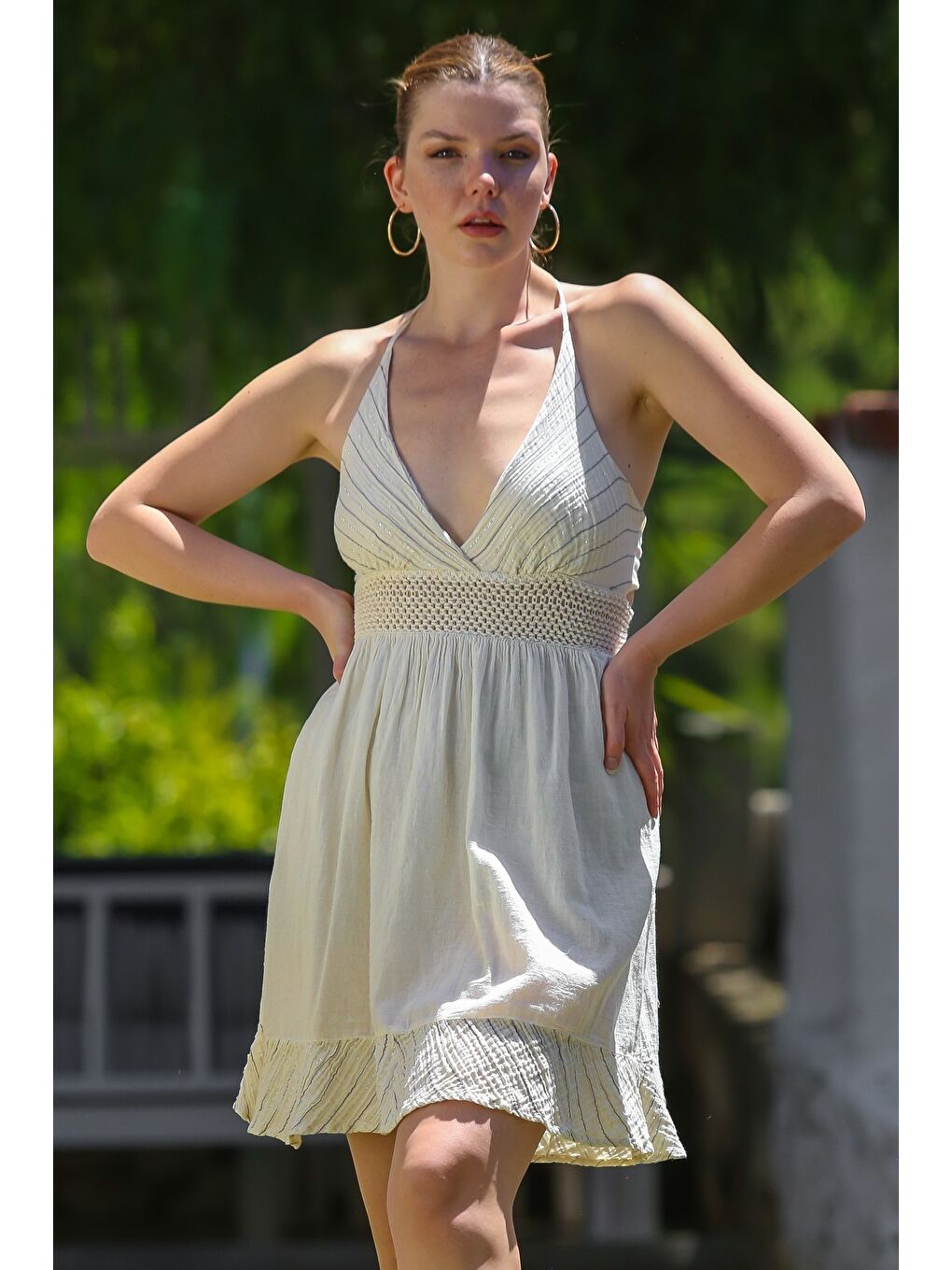 Ekru Organik Pamuk Krem Straplez Yaka Triko Garnili Casual Dokuma Elbise 95 55