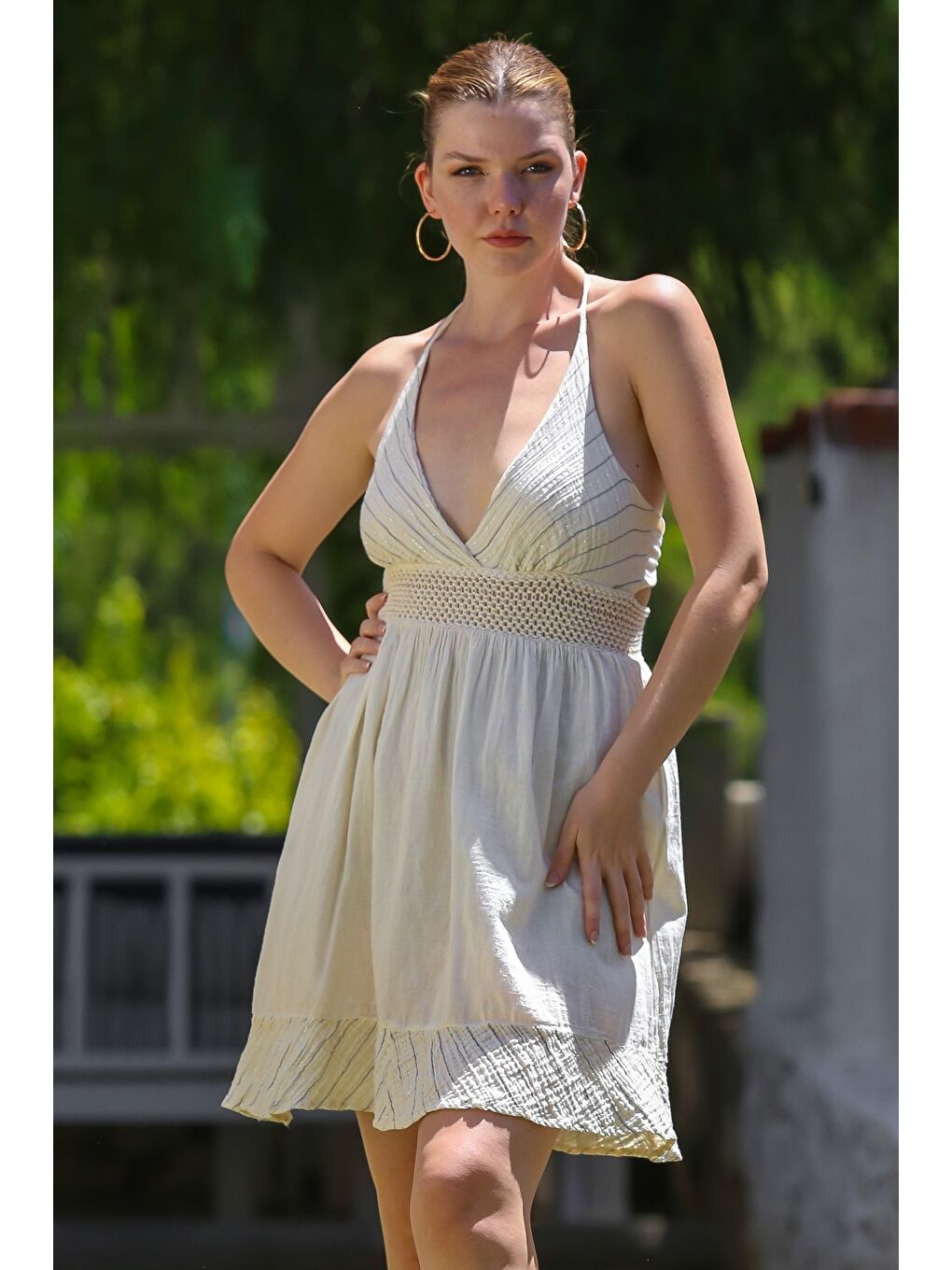 Ekru Organik Pamuk Krem Straplez Yaka Triko Garnili Casual Dokuma Elbise 95 55-3