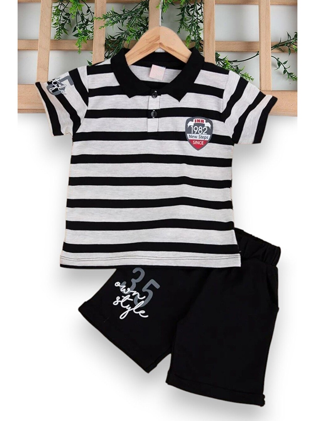 Siyah Erkek Çocuk Günlük Çizgili Polo Yakalı T-shirt Ve Şort Alt Üst Takımı-1
