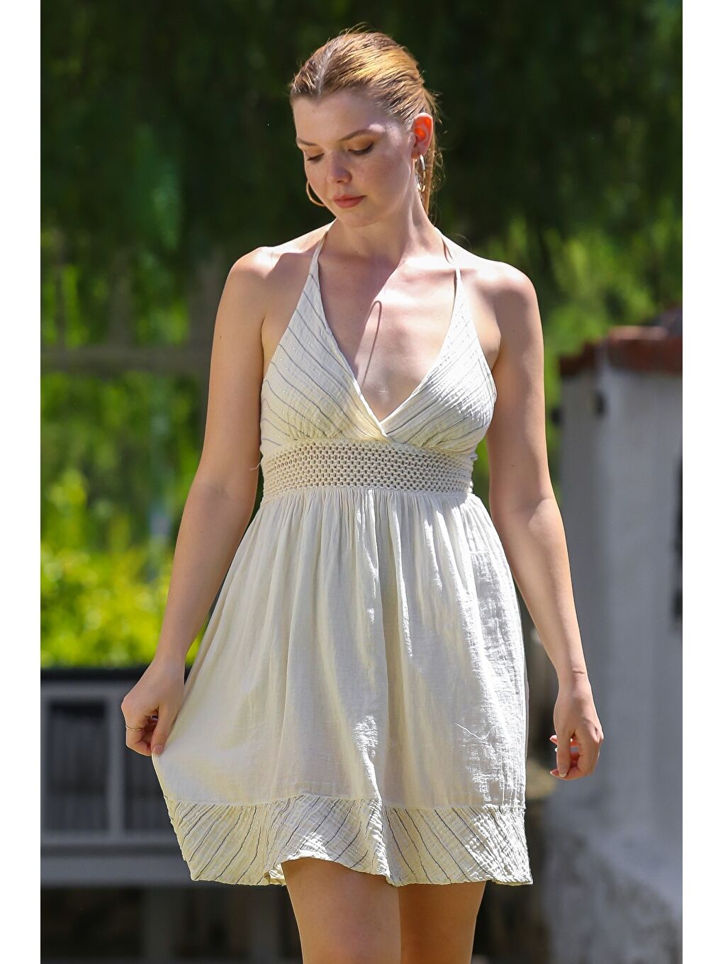 Ekru Organik Pamuk Krem Straplez Yaka Triko Garnili Casual Dokuma Elbise 95 55-4