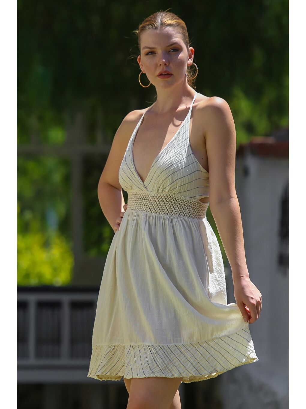 Ekru Organik Pamuk Krem Straplez Yaka Triko Garnili Casual Dokuma Elbise 95 55-7