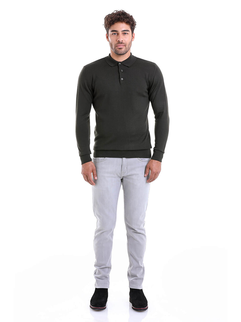 Haki Gri Comfort Fit Düz Polo Yaka Yünlü Kazak