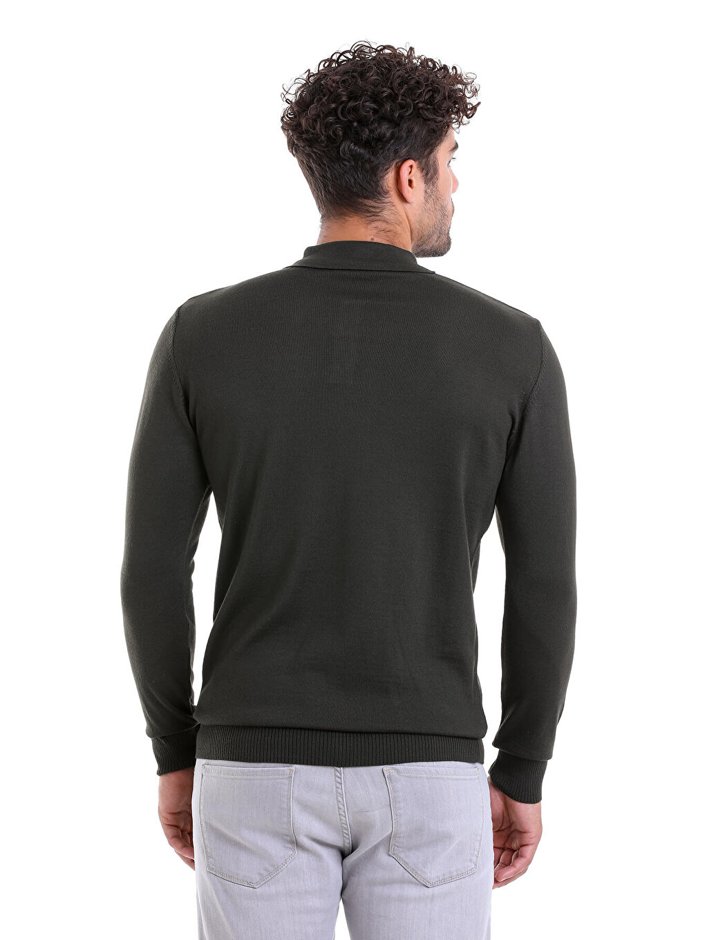 Haki Gri Comfort Fit Düz Polo Yaka Yünlü Kazak-1