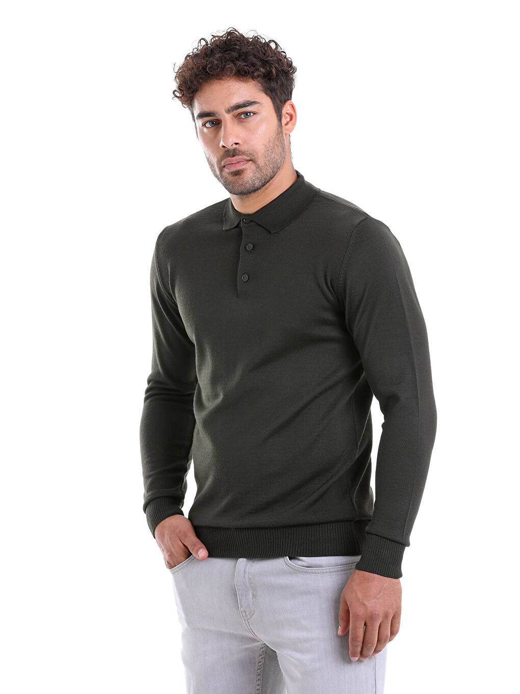 Haki Gri Comfort Fit Düz Polo Yaka Yünlü Kazak-2