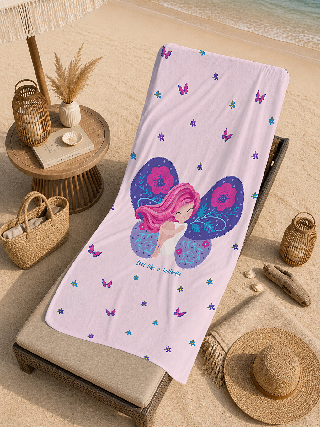 Masalsı Pembe Mavi Kelebek Desenli 70x150 Plaj Havlusu - Dijital Baskılı Solmaz Banyo Havlusu-1
