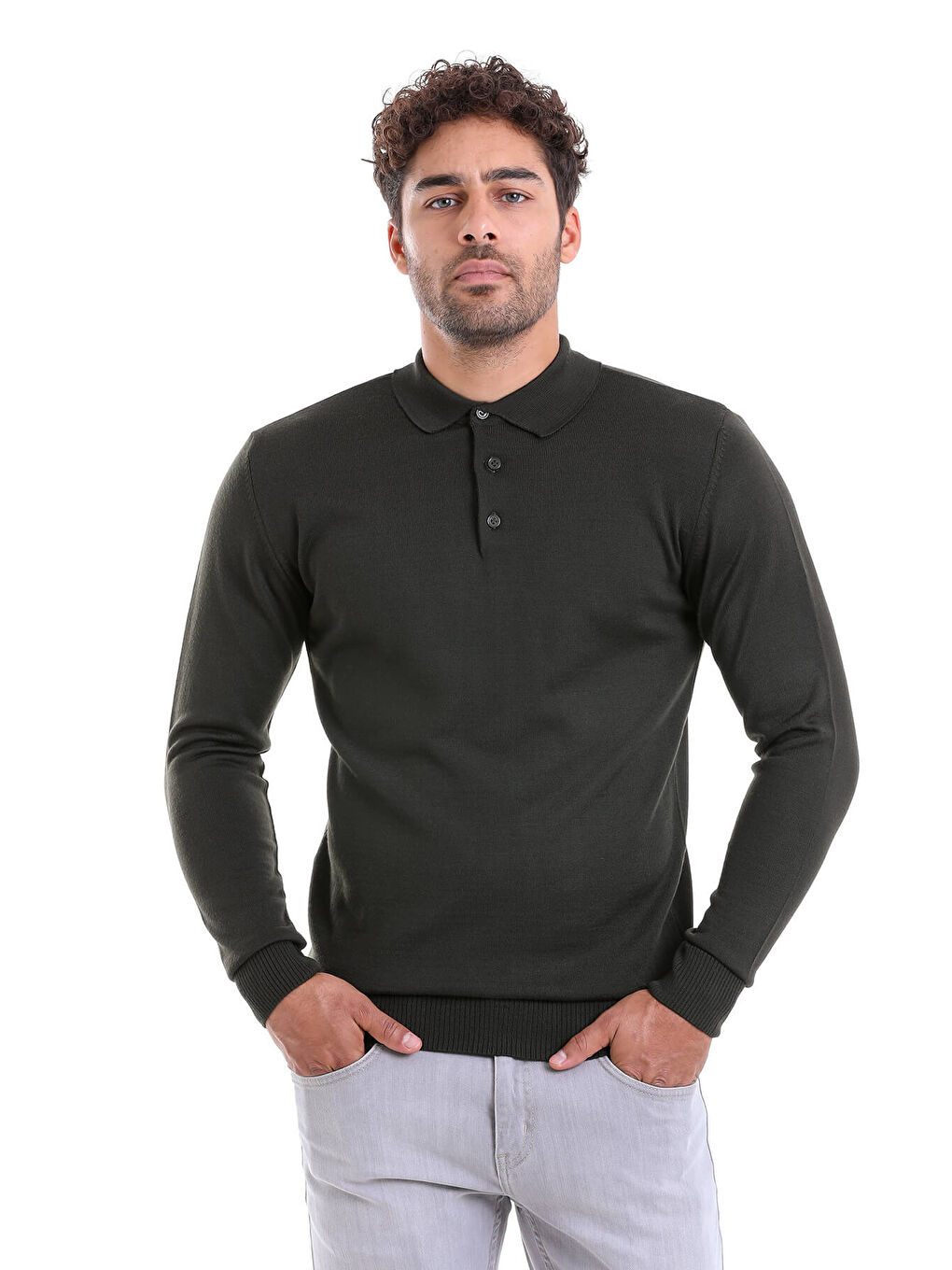 Haki Gri Comfort Fit Düz Polo Yaka Yünlü Kazak-3