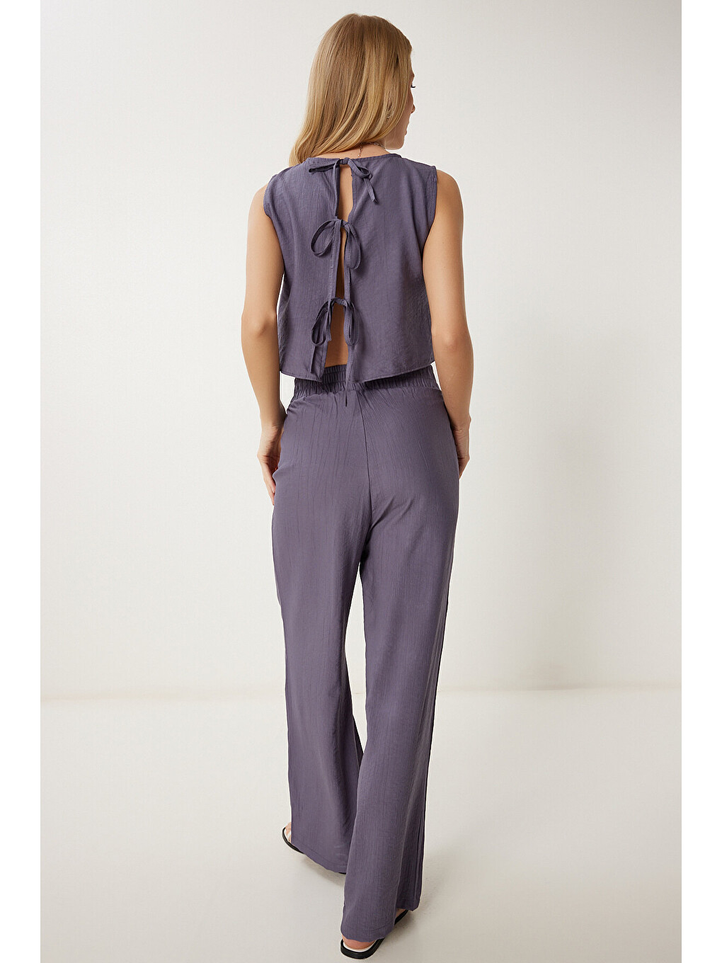 Gri Bağlama Detaylı Bluz Pantolon Takım FÜME LRV0104-2