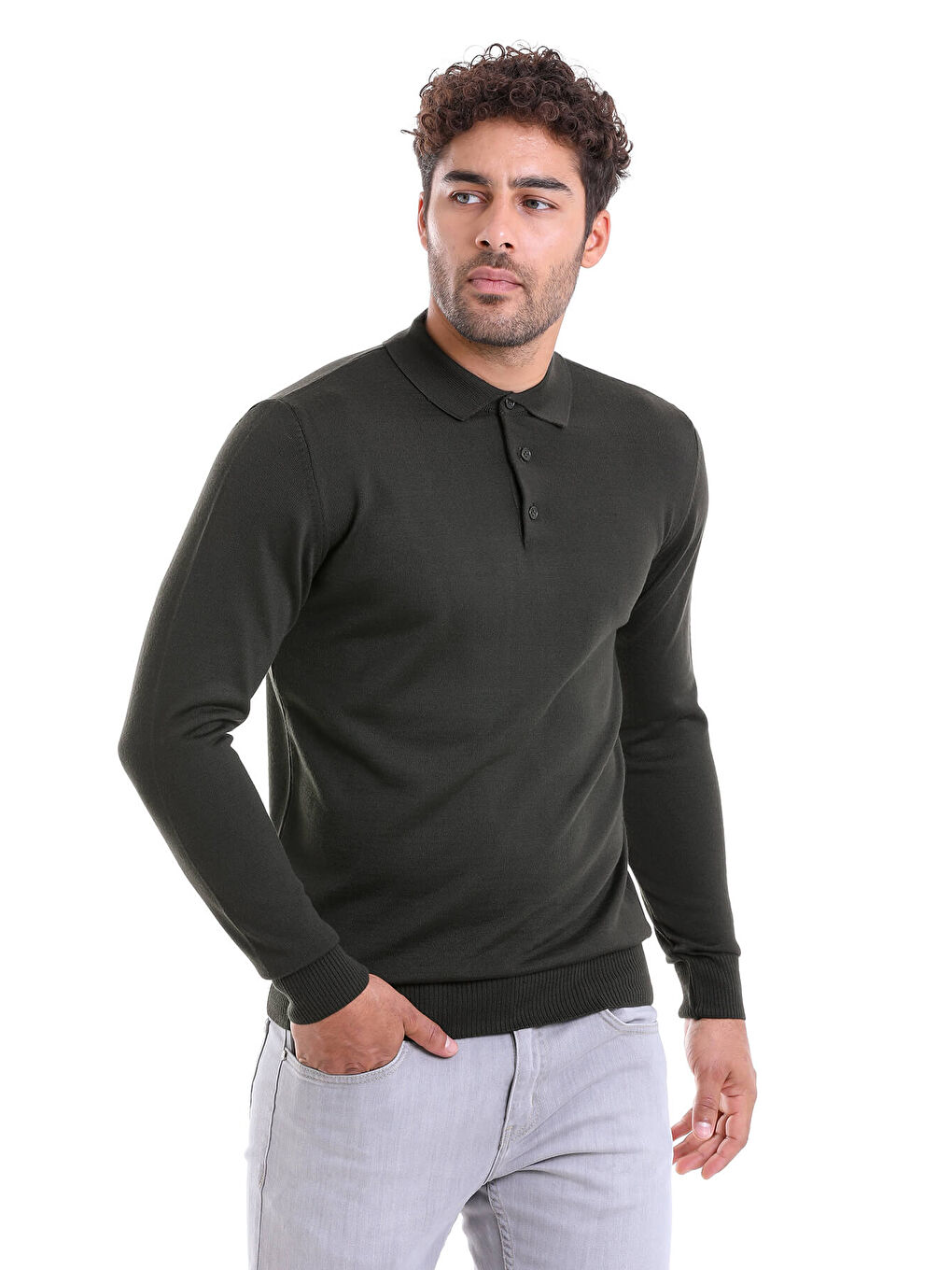 Haki Gri Comfort Fit Düz Polo Yaka Yünlü Kazak-4