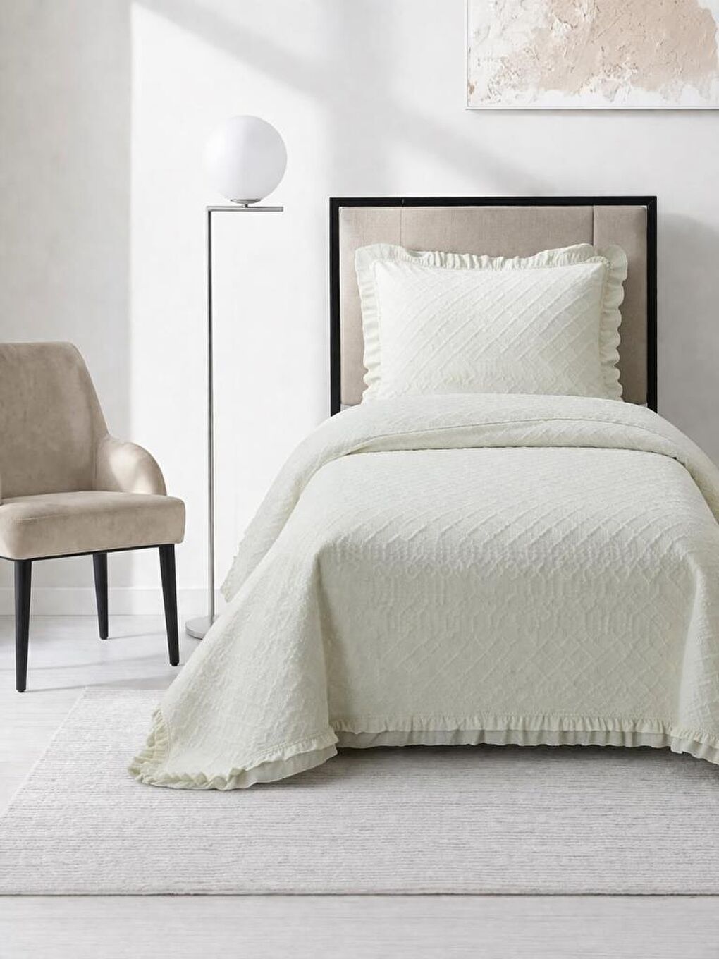 Ekru Roma Elyaf Dolgulu Tek Kişilik 180x240 Cm Yatak Örtüsü Krem