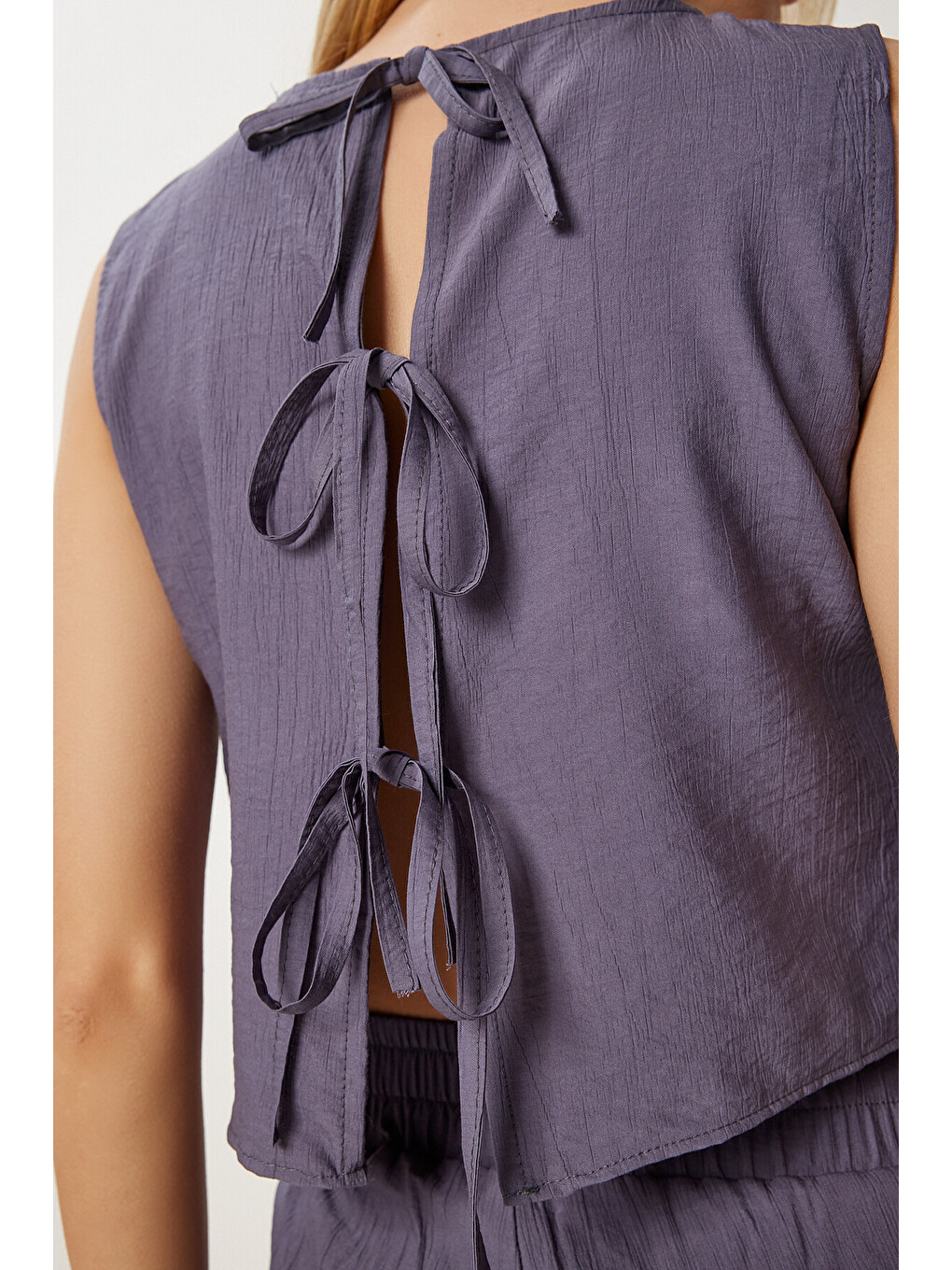Gri Bağlama Detaylı Bluz Pantolon Takım FÜME LRV0104-4