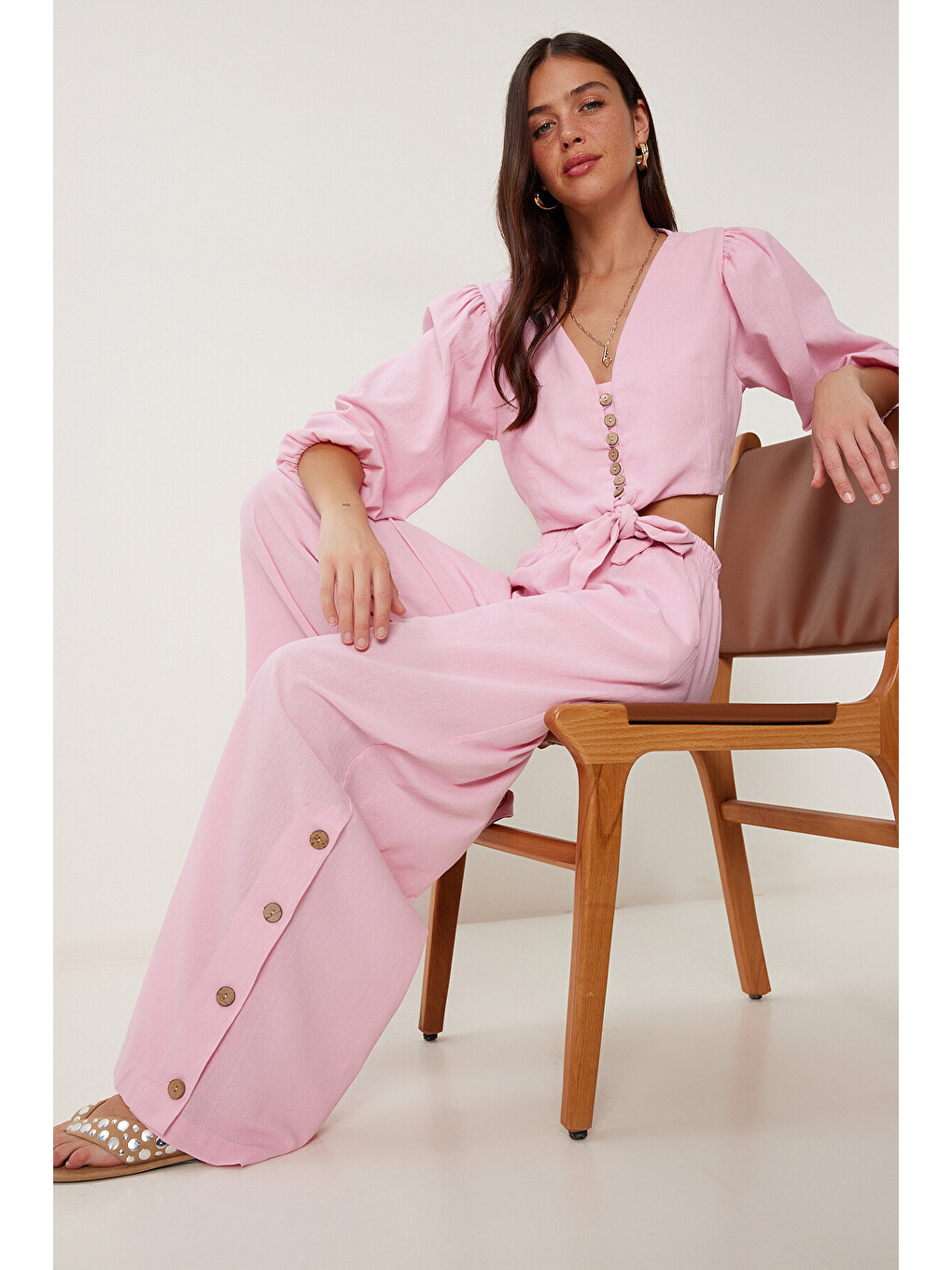 Pembe Keten Crop Bluz Pantolon Takım ŞEKER PEMBE LRV0107