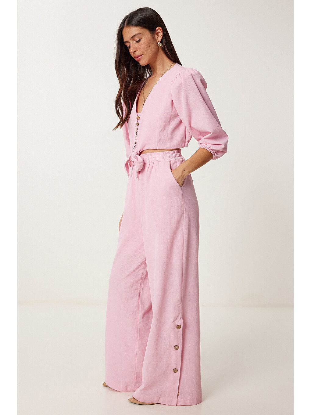 Pembe Keten Crop Bluz Pantolon Takım ŞEKER PEMBE LRV0107-1