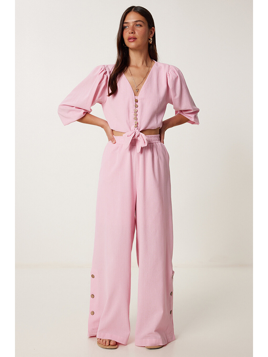 Pembe Keten Crop Bluz Pantolon Takım ŞEKER PEMBE LRV0107-2