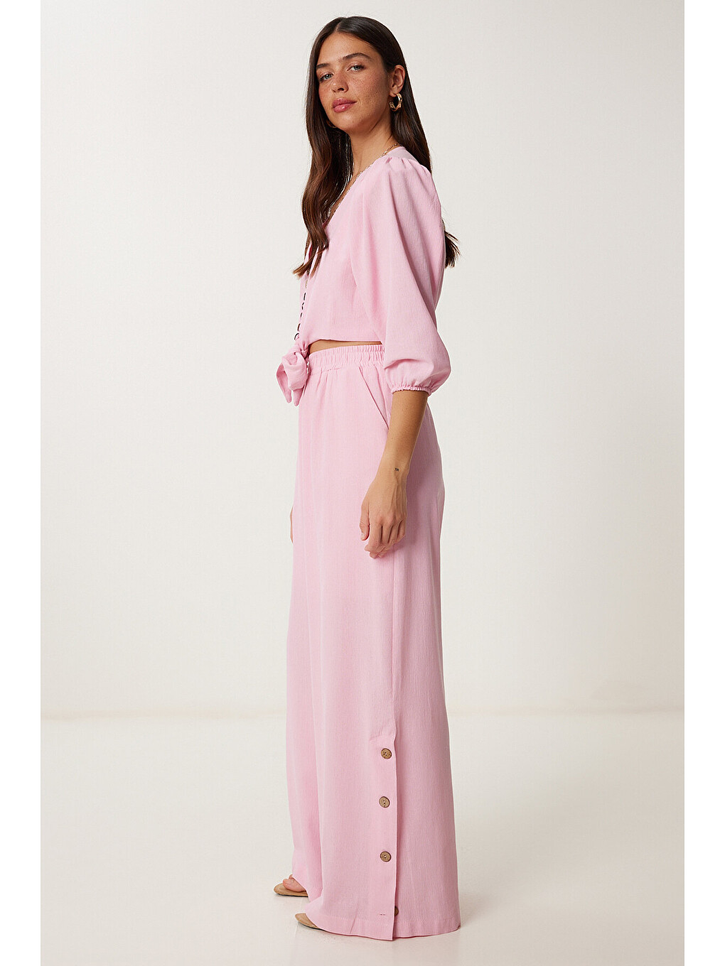 Pembe Keten Crop Bluz Pantolon Takım ŞEKER PEMBE LRV0107-3