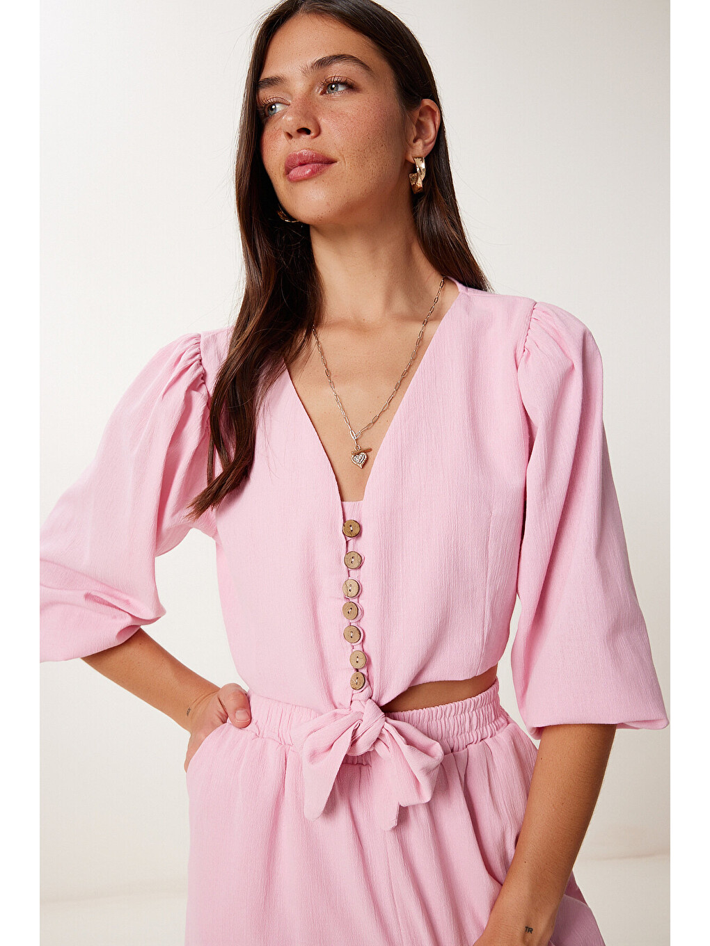 Pembe Keten Crop Bluz Pantolon Takım ŞEKER PEMBE LRV0107-4