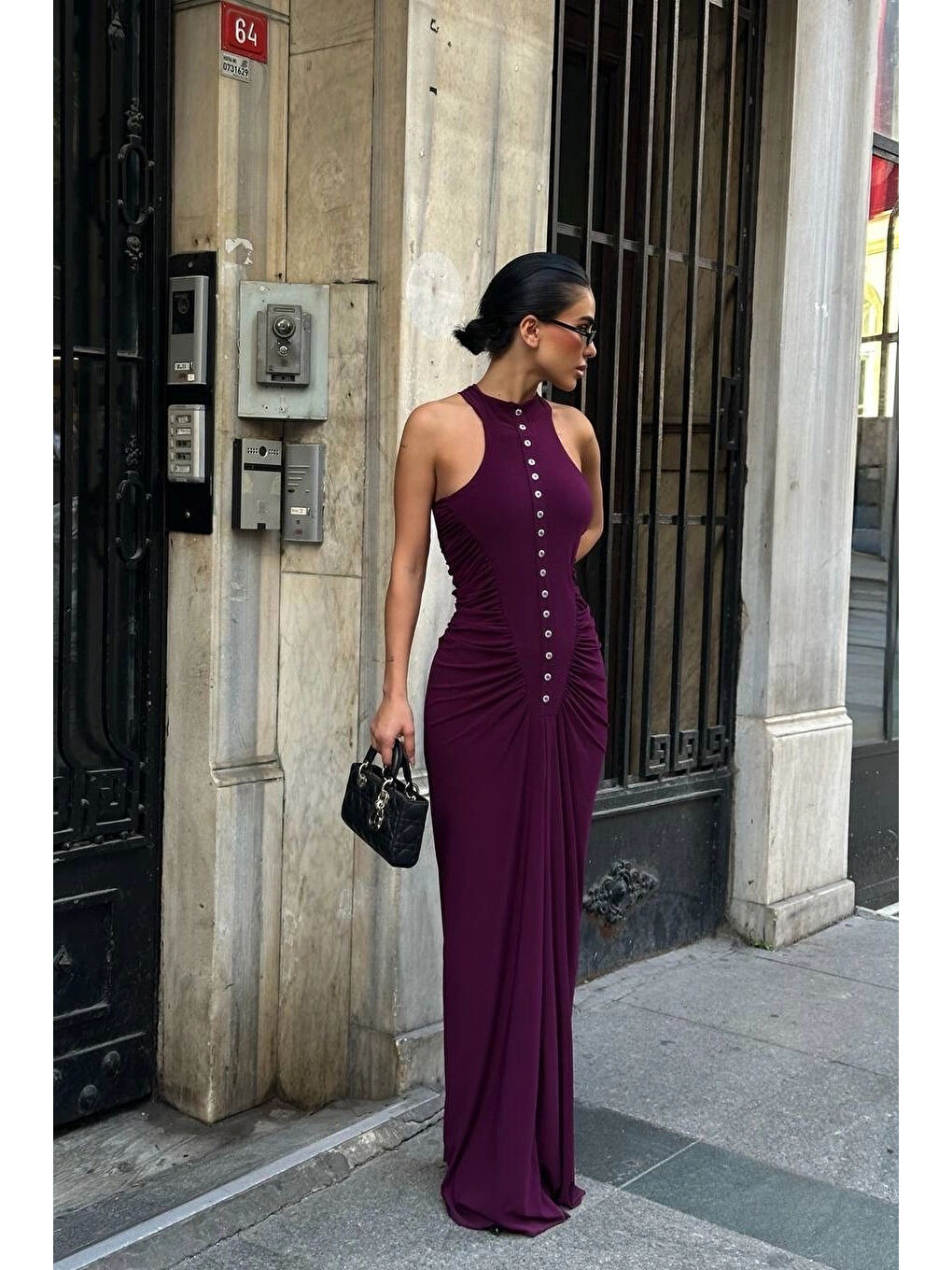 Kadın Mürdüm Büzgü Detay Düğmeli Elbise 1026-1754-2