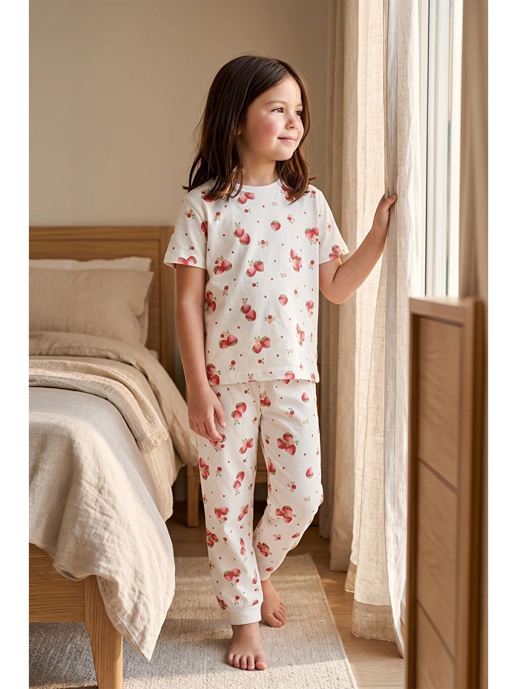 Ekru Çilek Desenli Kısa Kollu %100 Pamuk Kız Çocuk Pijama Takımı