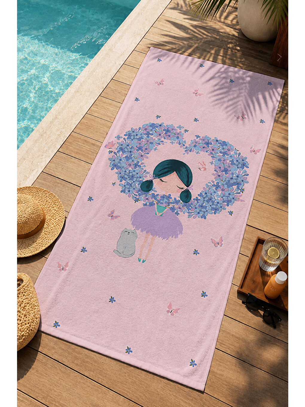 Masalsı Balerin Kız Mavi Çiçek Çelenkli Desenli 70x150 Plaj Havlusu - Pamuklu Banyo Havlusu-1