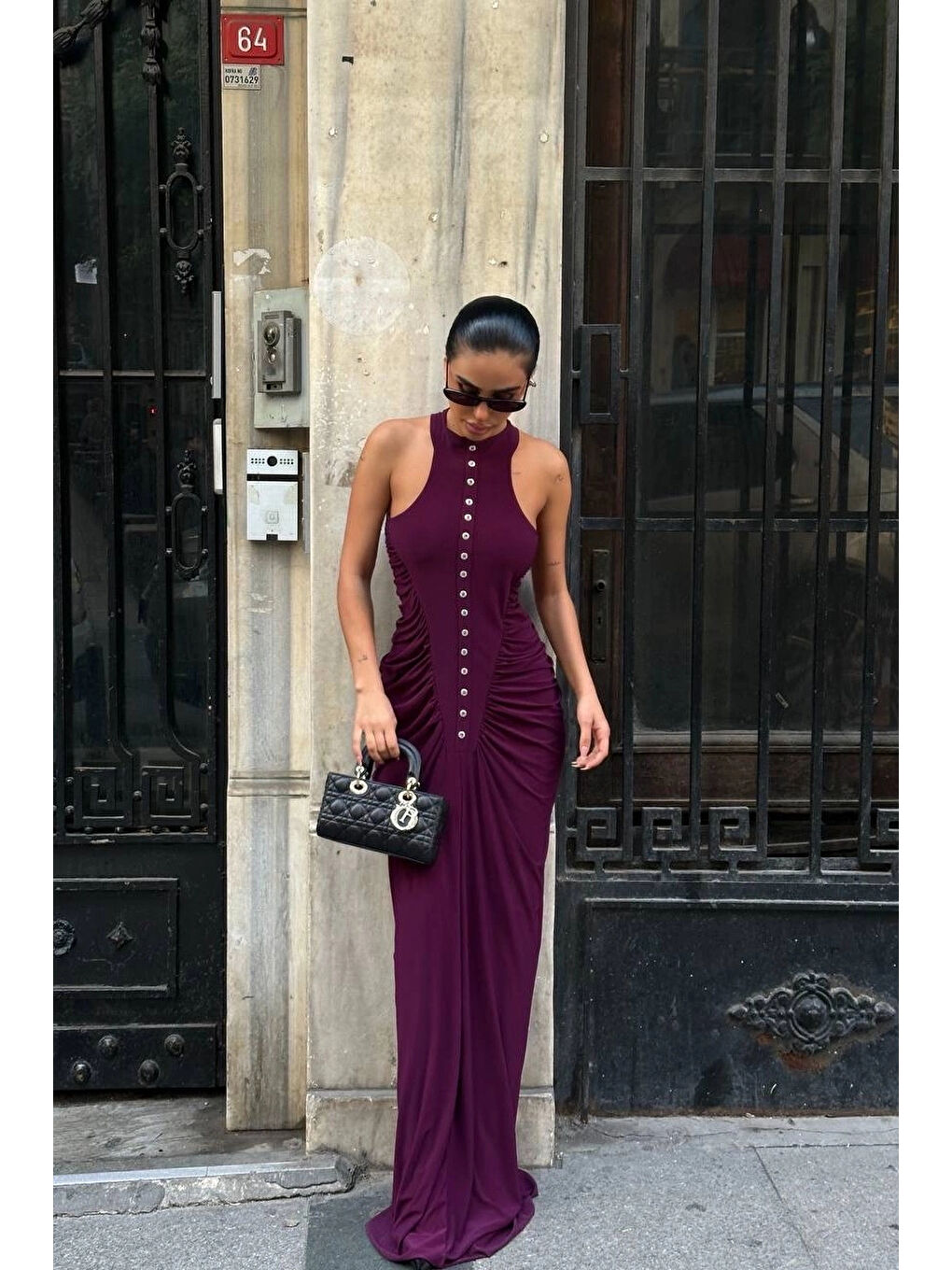 Kadın Mürdüm Büzgü Detay Düğmeli Elbise 1026-1754-3