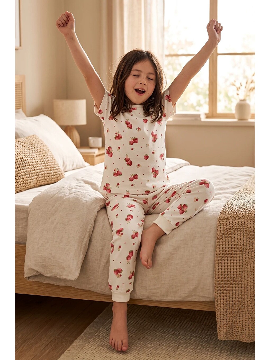 Ekru Çilek Desenli Kısa Kollu %100 Pamuk Kız Çocuk Pijama Takımı-1