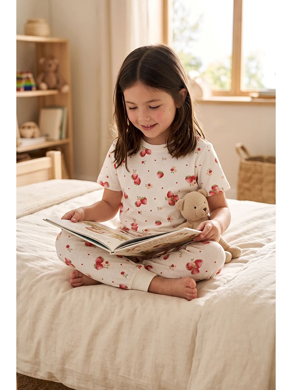 Ekru Çilek Desenli Kısa Kollu %100 Pamuk Kız Çocuk Pijama Takımı-2