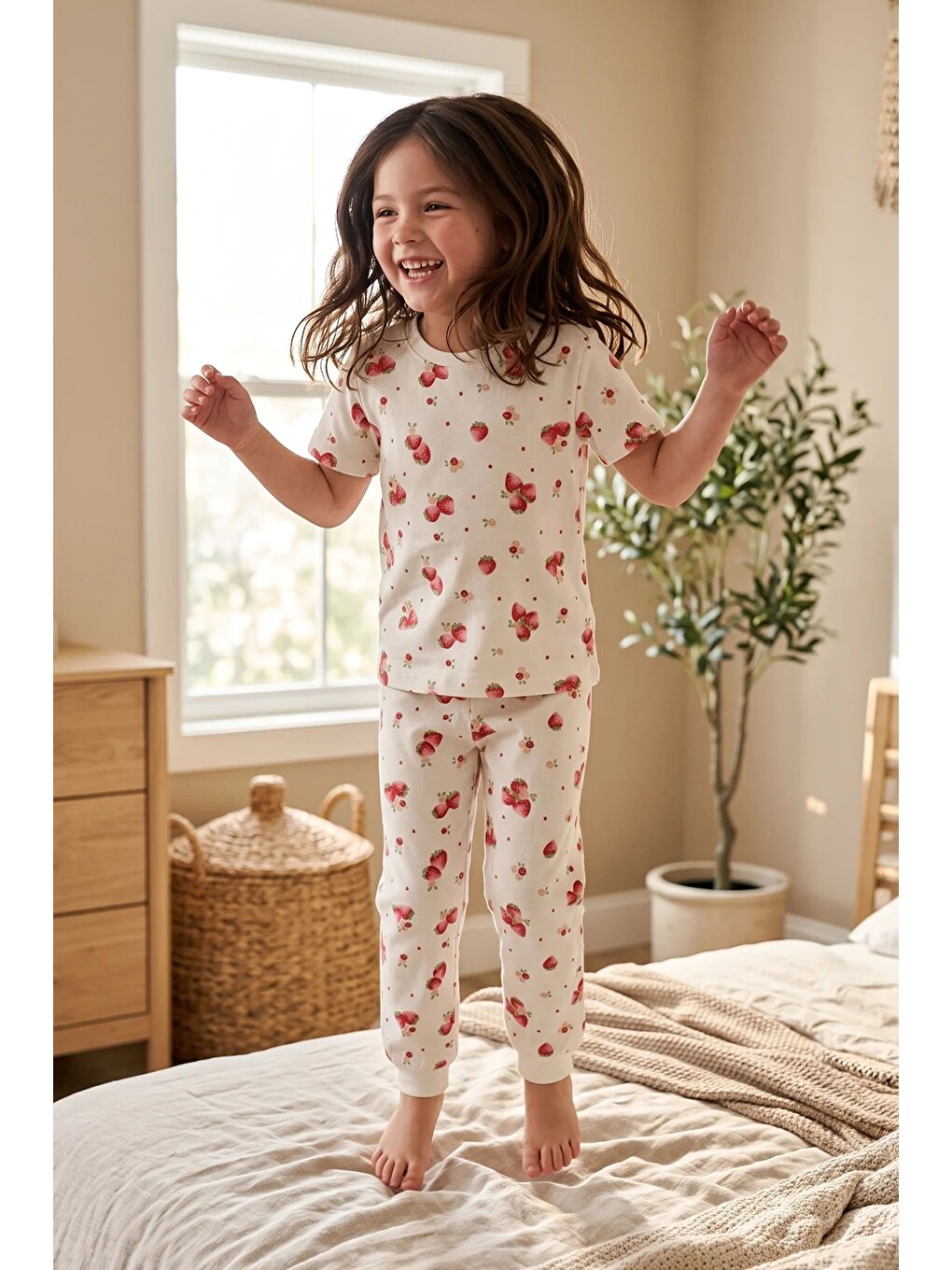 Ekru Çilek Desenli Kısa Kollu %100 Pamuk Kız Çocuk Pijama Takımı-3