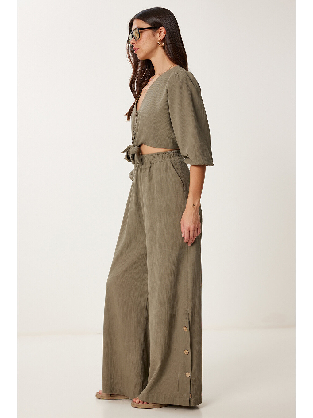 Haki Keten Crop Bluz Pantolon Takım HAKİ LRV0107