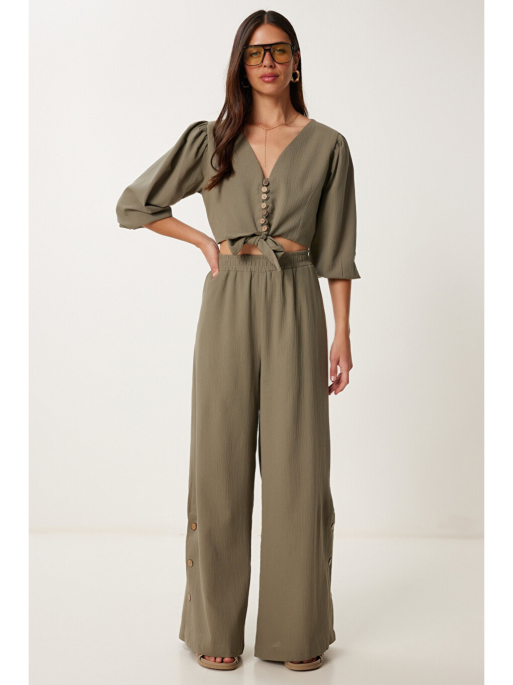 Haki Keten Crop Bluz Pantolon Takım HAKİ LRV0107-1