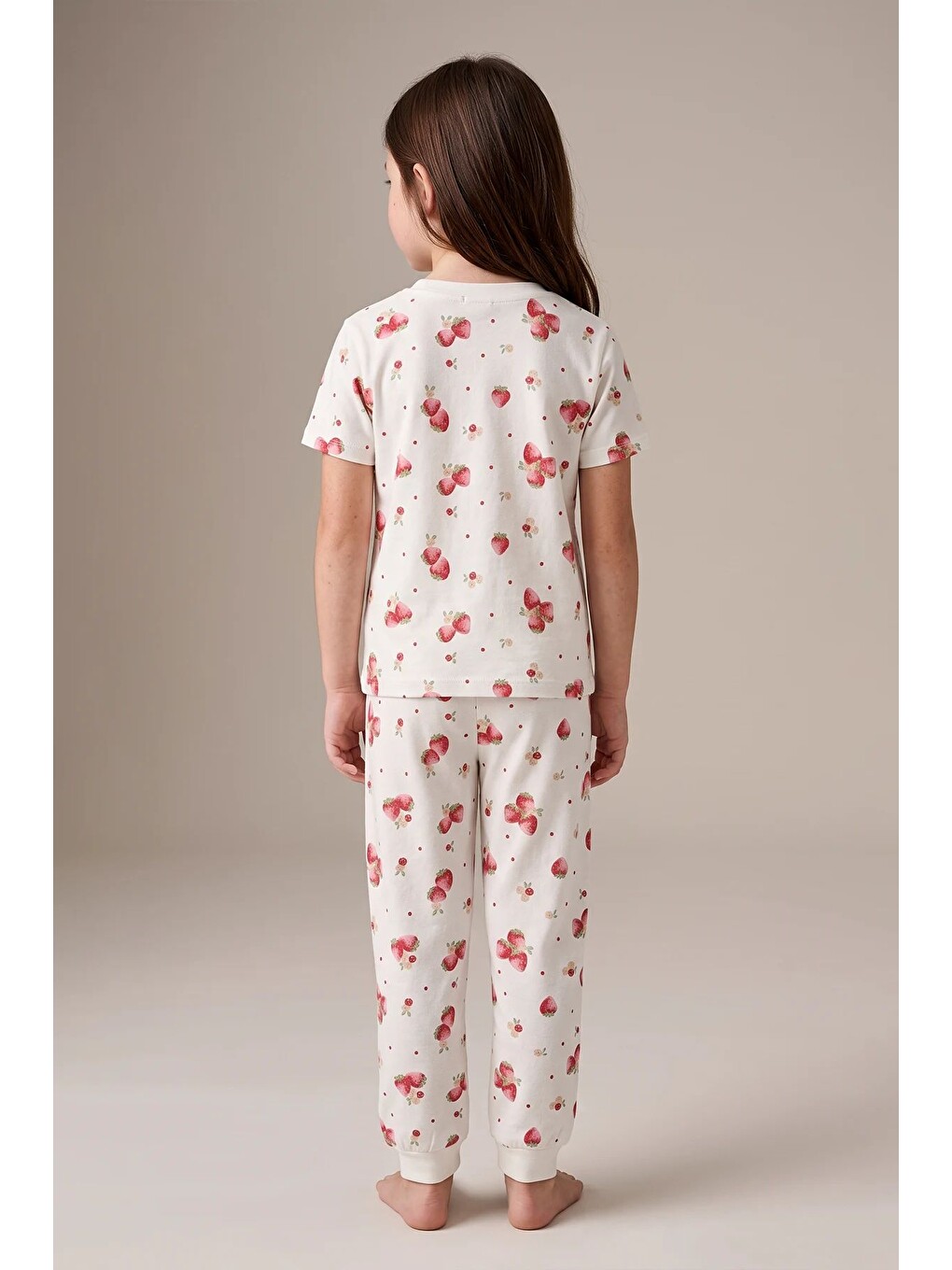 Ekru Çilek Desenli Kısa Kollu %100 Pamuk Kız Çocuk Pijama Takımı-6