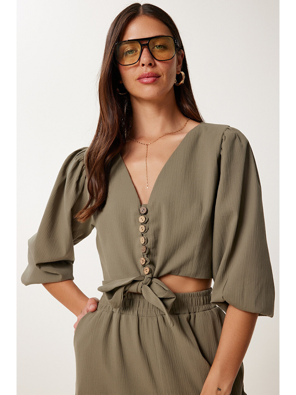 Haki Keten Crop Bluz Pantolon Takım HAKİ LRV0107-2