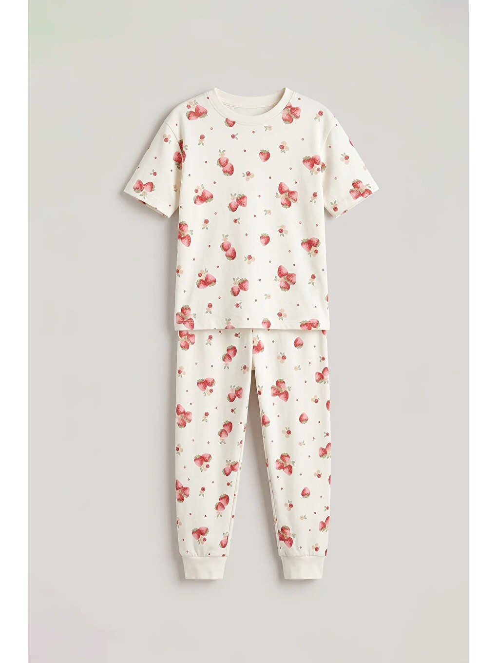 Ekru Çilek Desenli Kısa Kollu %100 Pamuk Kız Çocuk Pijama Takımı-7