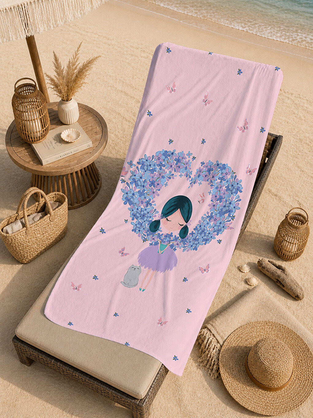 Masalsı Balerin Kız Mavi Çiçek Çelenkli Desenli 70x150 Plaj Havlusu - Pamuklu Banyo Havlusu-3