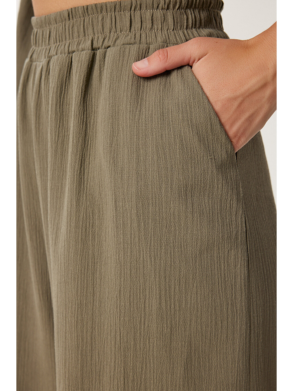 Haki Keten Crop Bluz Pantolon Takım HAKİ LRV0107-4