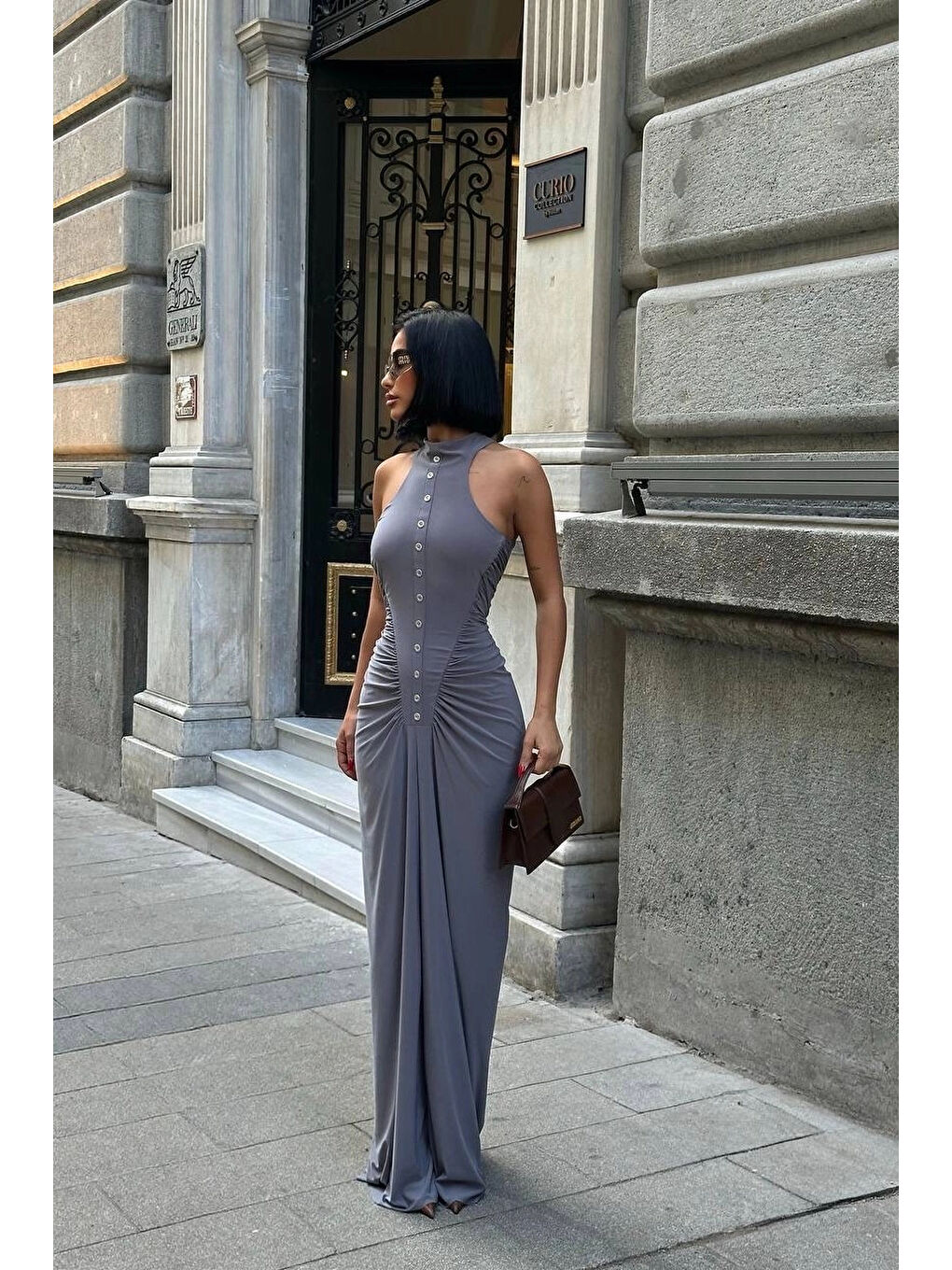 Kadın Gri Büzgü Detay Düğmeli Elbise 1026-1754-1