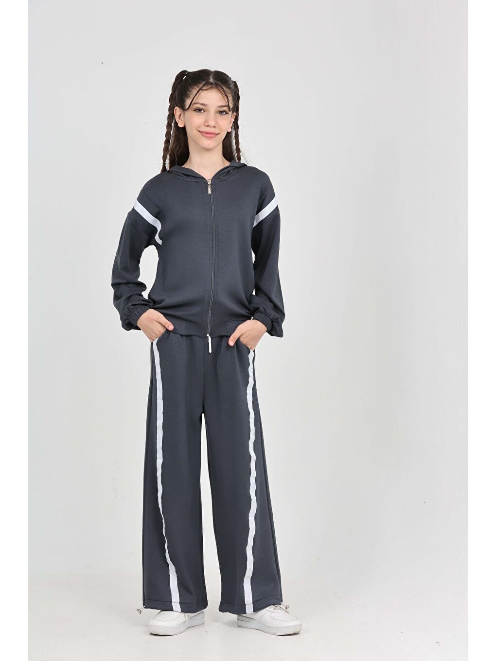 Antrasit Kız Çocuk Şerit Detaylı Eşofman Takım-2