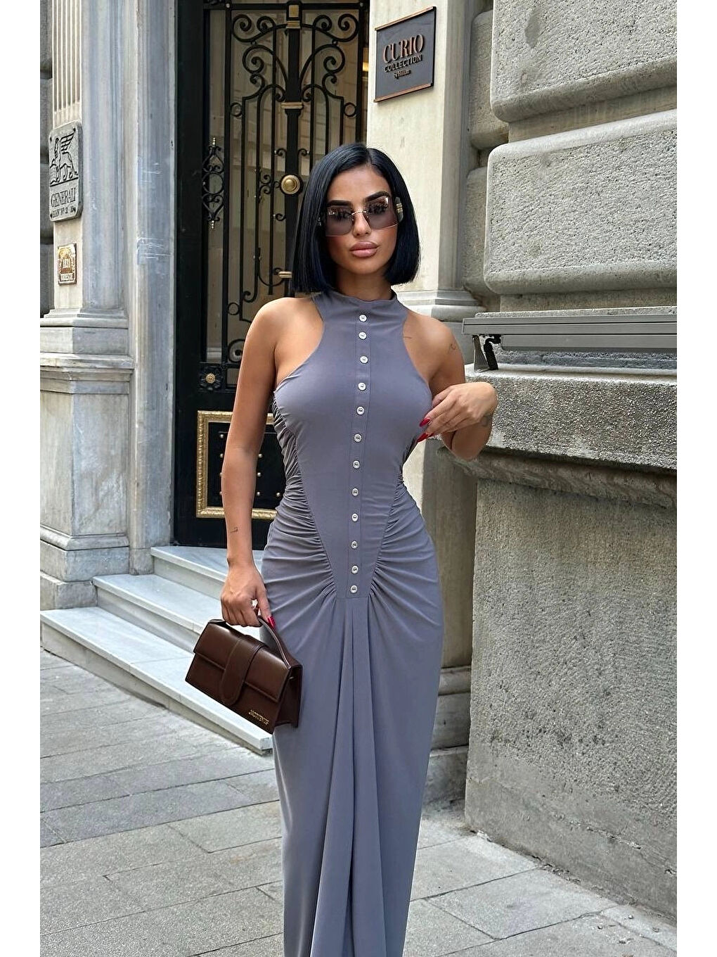 Kadın Gri Büzgü Detay Düğmeli Elbise 1026-1754-3